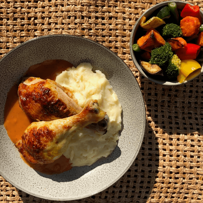 Frozen Fresh Roasted Chicken Drumsticks with potatoes and roasted veggies